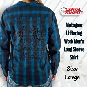 Lethal Threat Motorgear Death Row Button Black Blue Shirt Size Large